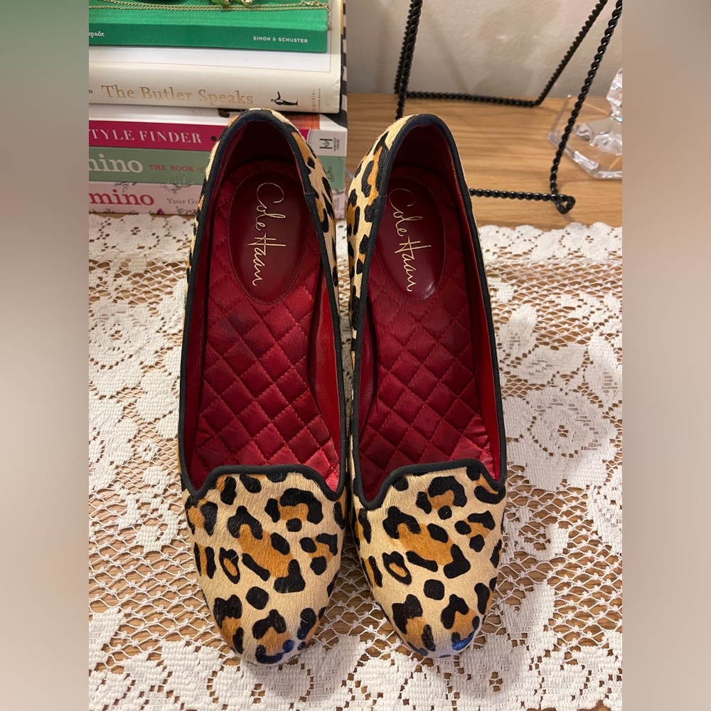 Cole Haan Nike Air Tan Black Orange Leopard Real Fur Chunky Heeled Pumps SZ 8.5